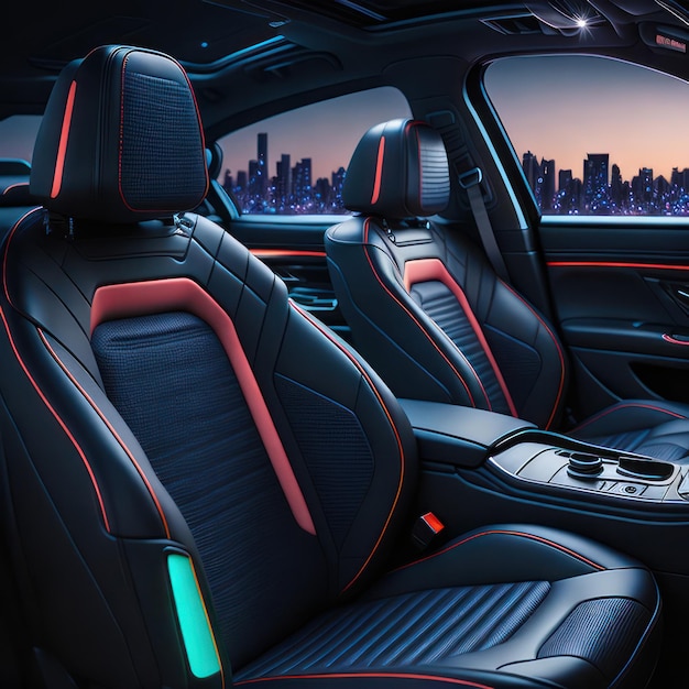Illustration de l'intérieur de la voiture la nuit avec des lumières LED pour la meilleure atmosphère visuelle possible générée par Ai