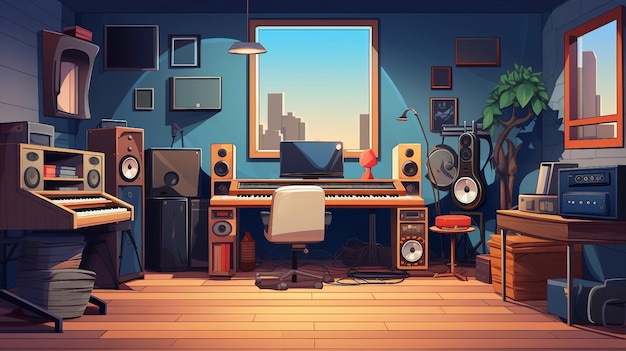 Illustration intérieure d'une salle de studio d'enregistrement de musique professionnelle générée par l'IA