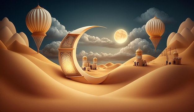 Illustration islamique d'un croissant de lune et de nuages réalistes avec des lanternes traditionnelles et des dunes de sable ai générative