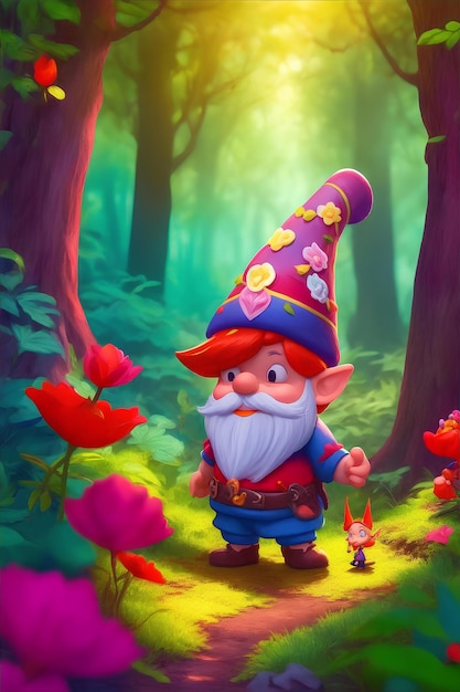 Illustration isométrique 3D gnome mignon dans des royaumes colorés de conte de fées de forêt magique pour bande dessinée