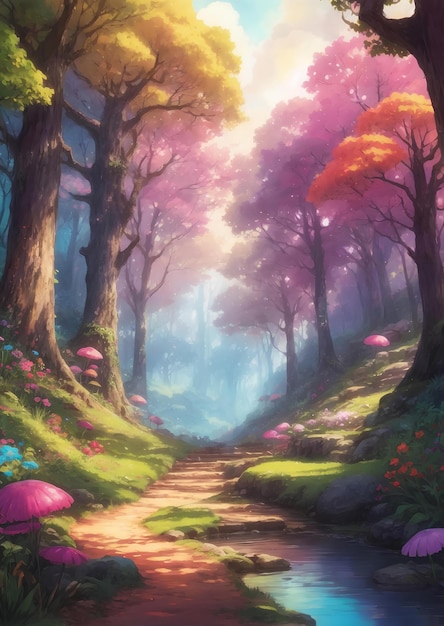 Illustration isométrique clairière lumineuse forêt de champignons magiques conte de fées royaumes colorés bande dessinée