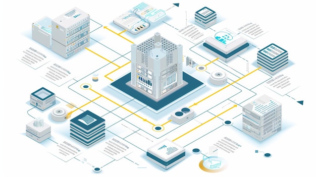 Illustration isométrique détaillée de l'infrastructure du centre de données Technologie et concept de réseau