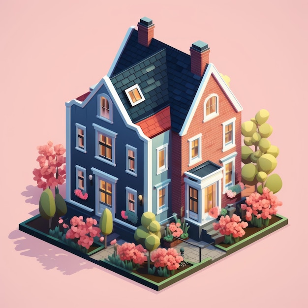 Illustration isométrique d'une maison ornée de fleurs avec un fond minimaliste