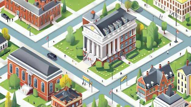 Photo illustration isométrique de la ville avec un bâtiment gouvernemental, une université et une bibliothèque. les bâtiments sont entourés d'arbres et de gens.