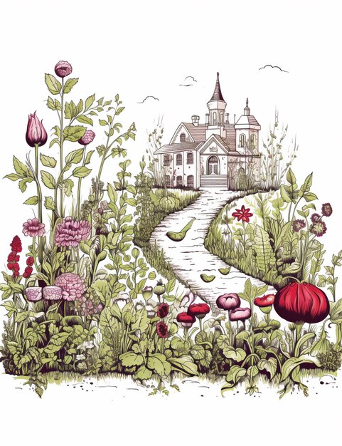 illustration d'un jardin avec un chemin et une église générative ai