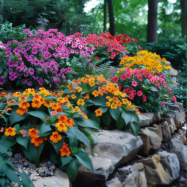 Photo illustration d'un jardin fleuri parc de fleurs colorées lits de fleurs jardin de fleurs à domicile fleurs en fleurs un symbole du printemps nouvelle vie