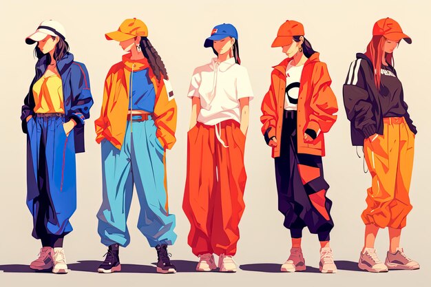 Illustration de jeans de mode de rue des années 90, chemisiers, chapeaux aux couleurs vives et aux formes abstraites