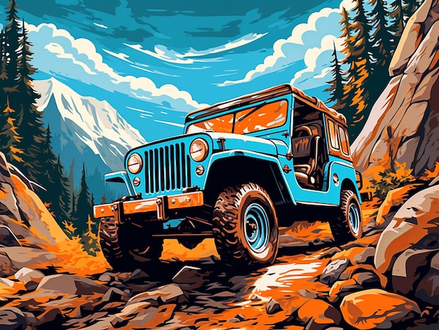 illustration de jeep classique sur le détail de la route de roche