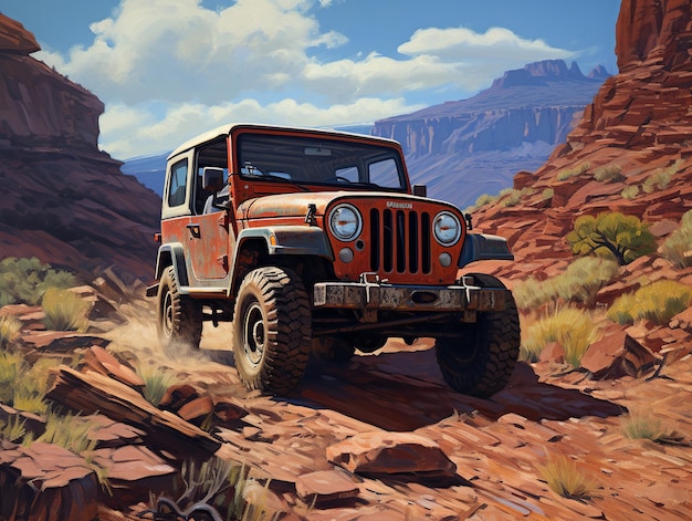 illustration de jeep classique sur le détail de la route de roche