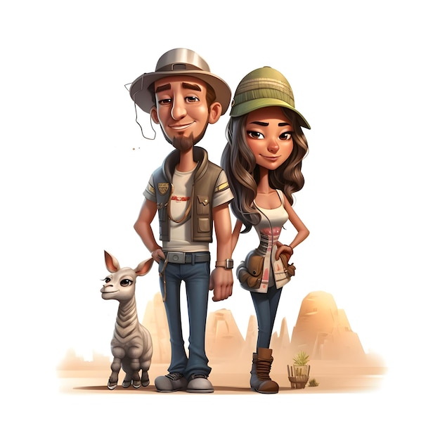 Illustration d'un jeune couple en tenue de safari avec un chat