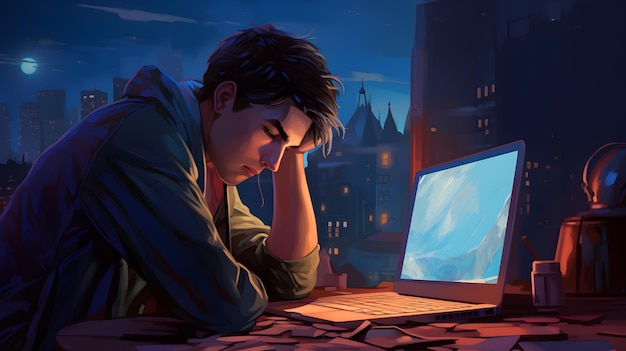 Illustration d'un jeune développeur Web travaillant tard dans la nuit, fatigué et somnolent