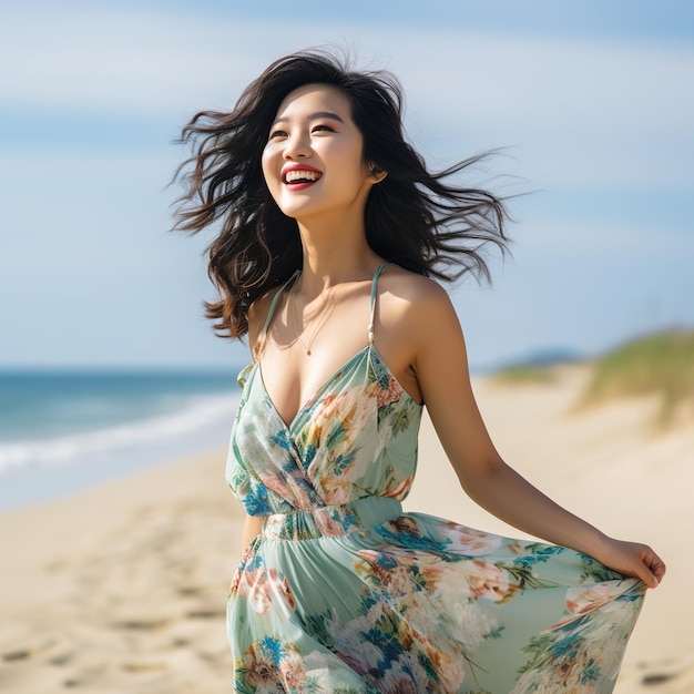 illustration d'une jeune femme asiatique souriant sereinement en regardant le