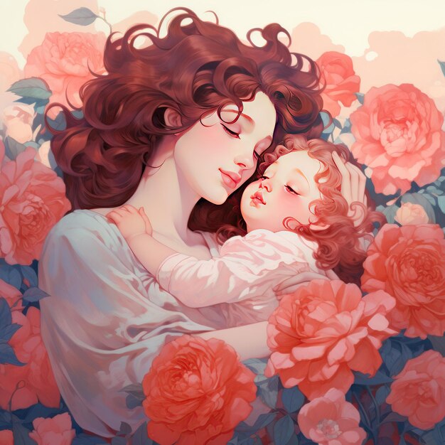 Illustration de jeune femme rose et bleu vif avec des fleurs 8 mars Joyeuse fête de la femme Peinture de mode réaliste unique Femme avec un fond floral de pioie rose Joyeuse journée de la mère