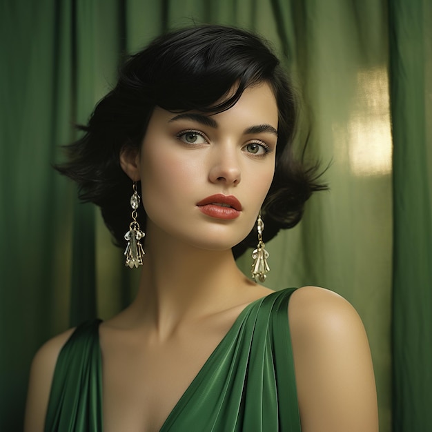 illustration d'une jeune femme vêtue d'une robe verte portant des boucles d'oreilles