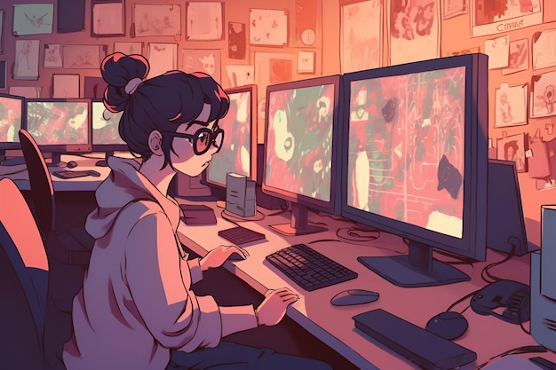 Illustration d'une jeune fille hacker joueur regardant un moniteur dans une pièce