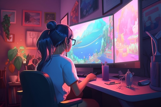 Illustration d'une jeune fille hacker joueur regardant un moniteur dans une pièce