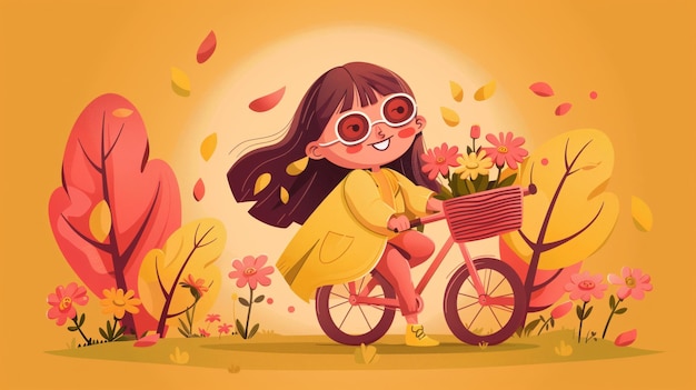 Illustration d'une jeune fille joyeuse à vélo entourée de feuillages d'automne