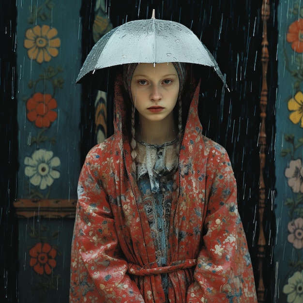 illustration d'une jeune fille marchant sous la pluie dans le style de Sergei Parajanov