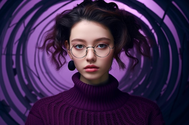 illustration d'une jeune fille posant en sweat-shirt violet appuyée contre un arrière-plan