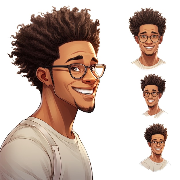 Illustration d'un jeune homme afro avec des lunettes dans différents angles et gestes