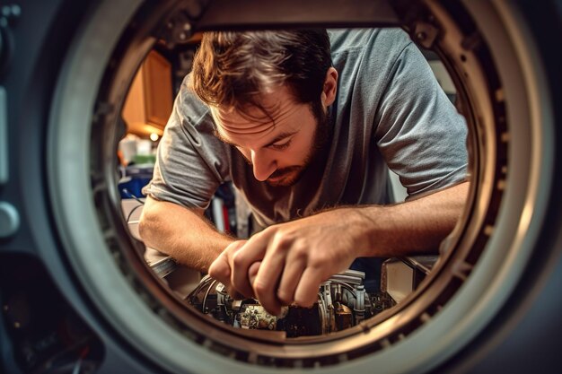 Illustration d'un jeune homme réparant une machine à laver