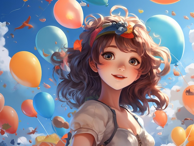 Photo illustration d'une jeune jolie fille avec des ballons festifs colorés sur le fond du ciel