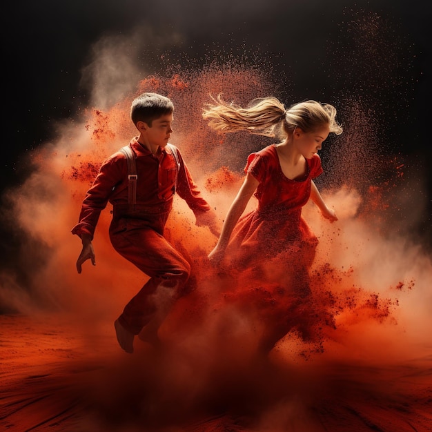 Photo illustration de jeunes danseurs talentueux saupoudrant de poussière rouge