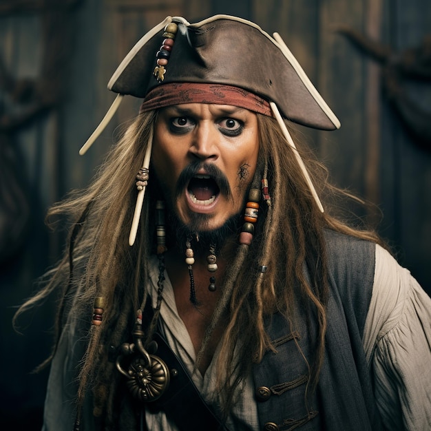 Photo illustration de johnny depp dans le rôle de jack sparrow réalisant une drôle de grimace