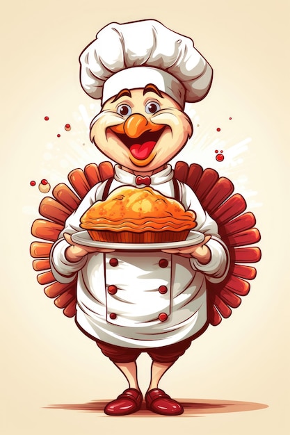 Illustration d'un joli chef de dinde tenant une tarte à la main pour Thanksgiving