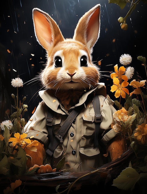 Illustration d'un joli lapin tenant et entouré de fleurs