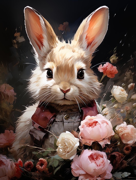 Illustration d'un joli lapin tenant et entouré de fleurs