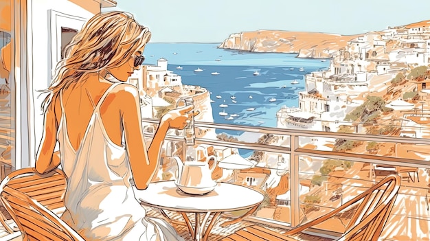Photo illustration d'une jolie fille aux cheveux longs en pyjama prenant le petit déjeuner sur le balcon