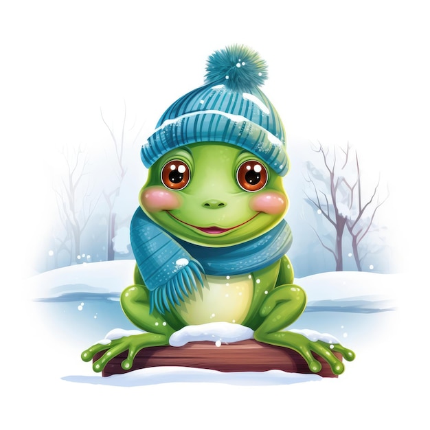 Illustration d'une jolie grenouille portant un foulard à chapeau tricoté sur un fond blanc