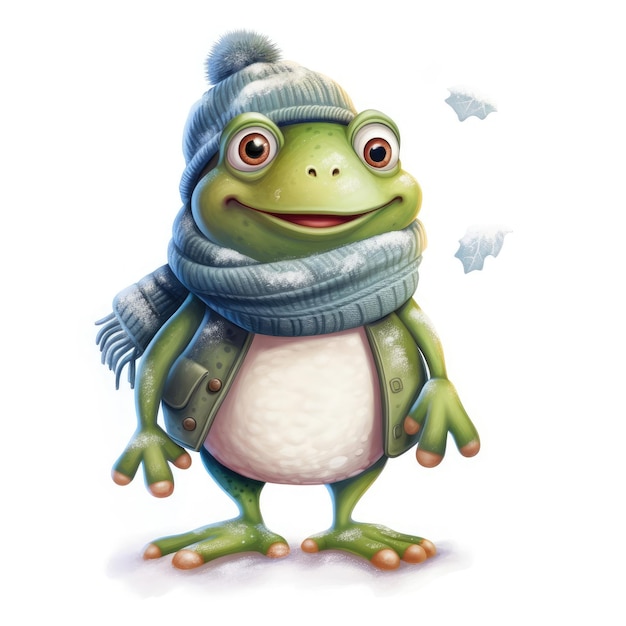 Illustration d'une jolie grenouille portant un foulard à chapeau tricoté sur un fond blanc