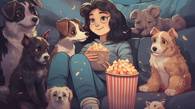 Une illustration d'une jolie jeune fille regardant un film avec du pop-corn et ses amis animaux Concept fantastique Peinture d'illustration
