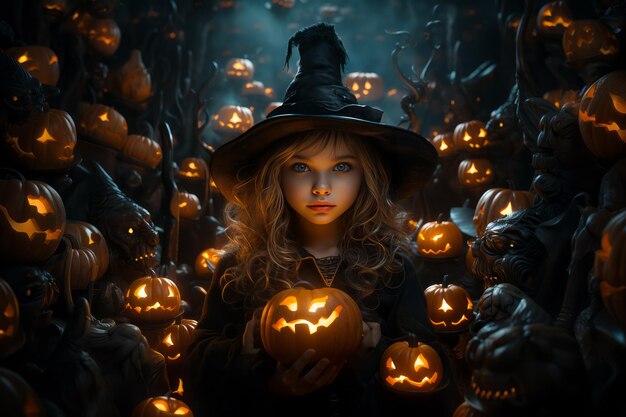 illustration d'une jolie petite sorcière entourée de citrouilles sculptées de Jacko'lanterns d'Halloween