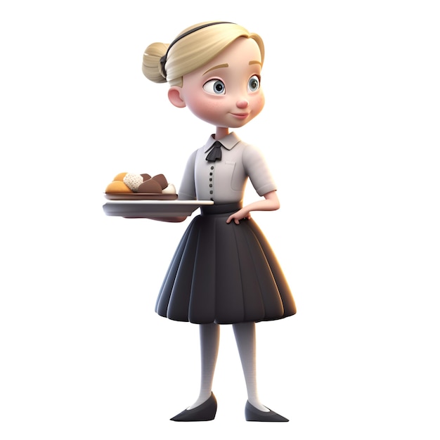 Illustration d'une jolie serveuse avec un plateau de biscuits dessus