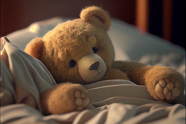 Illustration d'un jouet d'ours brun au lit prêt à dormir AI