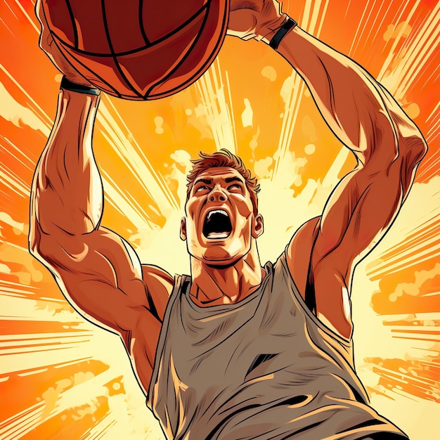 Illustration d'un joueur de basket-ball slam dunk dans la bande dessinée du panier