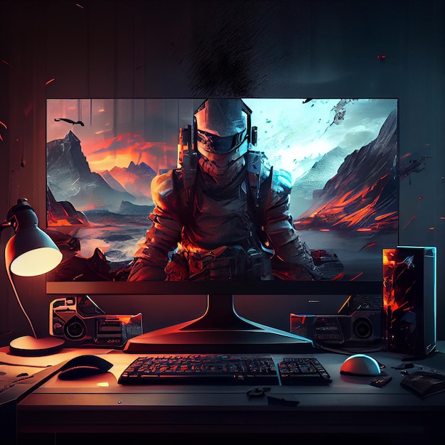 Illustration de joueur de configuration d'ordinateur de bureau de jeu