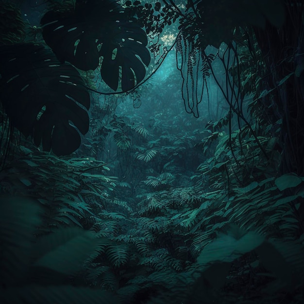 Illustration jungle sombre avec arbre vert et image de détail de forêt effrayante