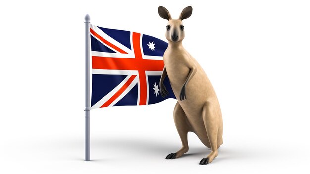 Photo illustration d'un kangourou devant le drapeau australien sur un fond blanc