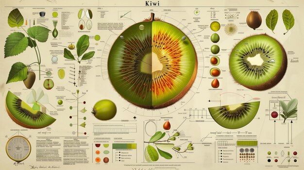 Illustration de kiwi dans le style d'un vieux livre de science avec des infographies