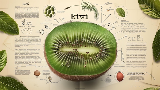Photo illustration de kiwi dans le style d'un vieux livre de science avec des infographies
