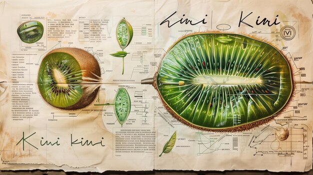 Photo illustration de kiwi dans le style d'un vieux livre de science avec des infographies