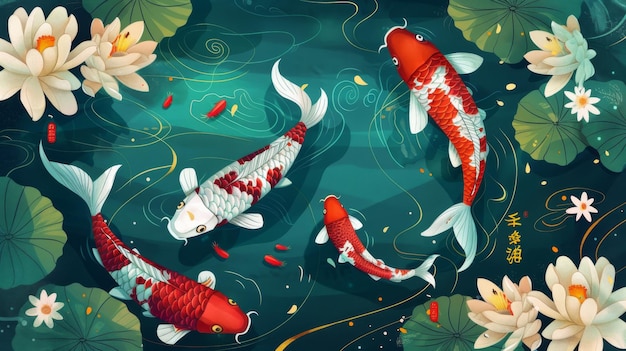 Illustration de Kohaku koi nageant dans un étang avec de belles fleurs flottant sur l'eau en haut de la carte Bonne année chinoise écrit en chinois sur le couplet de printemps