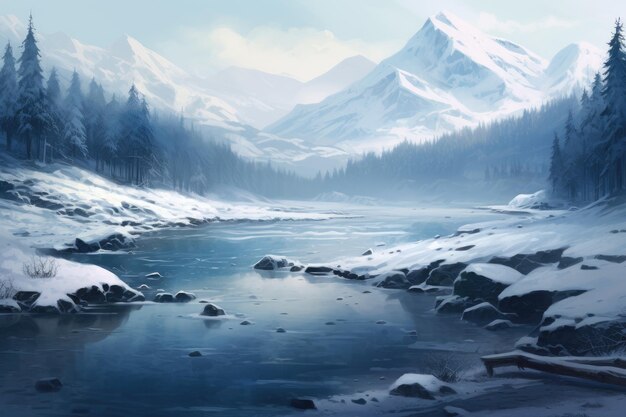 une illustration d'un lac de montagne enneigé entouré d'arbres