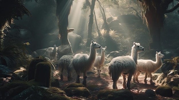 Illustration de lamas avec leurs troupeaux dans la faune de la forêt