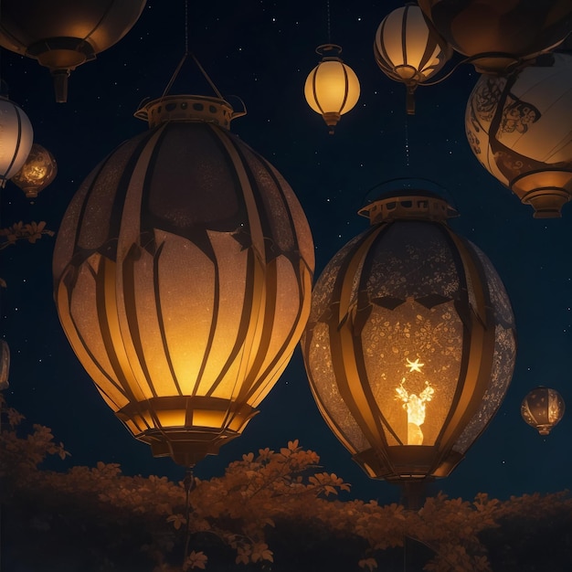 Photo une illustration de lanternes lumineuses dans le ciel nocturne