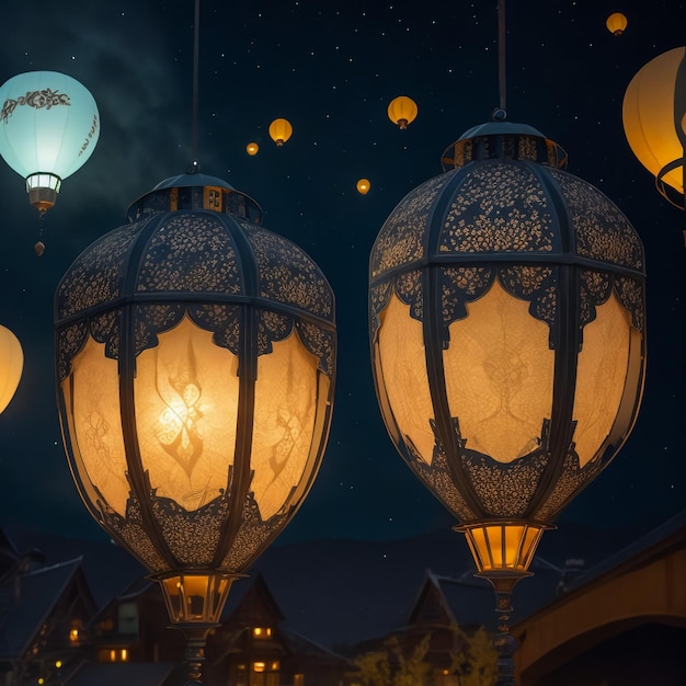 une illustration de lanternes lumineuses dans le ciel nocturne